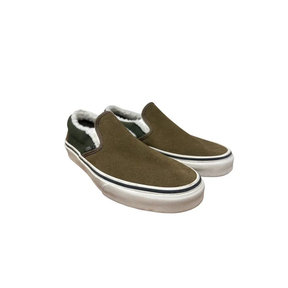 Vans Classic Slip-On Suede Sherpa Faux Fur Lined Olive Green Mens 6.5 Womens 8
